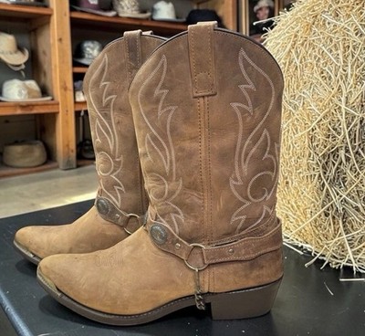 Men s Leather Western Cowboy Boots 13D Brown Harness Concho Snip Toe Distressed