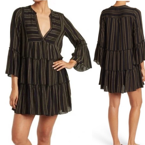 ELAN Women’s Bell Sleeve Mini Dress Peasant Boho Size Medium Tiered Skirt Black - Picture 2 of 9