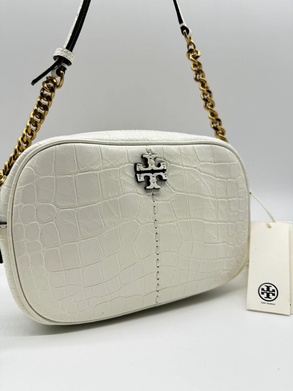 TORY BURCH McGraw piccola borsa per fotocamera a tracolla in pelle goffrata di coccodrillo Bianco