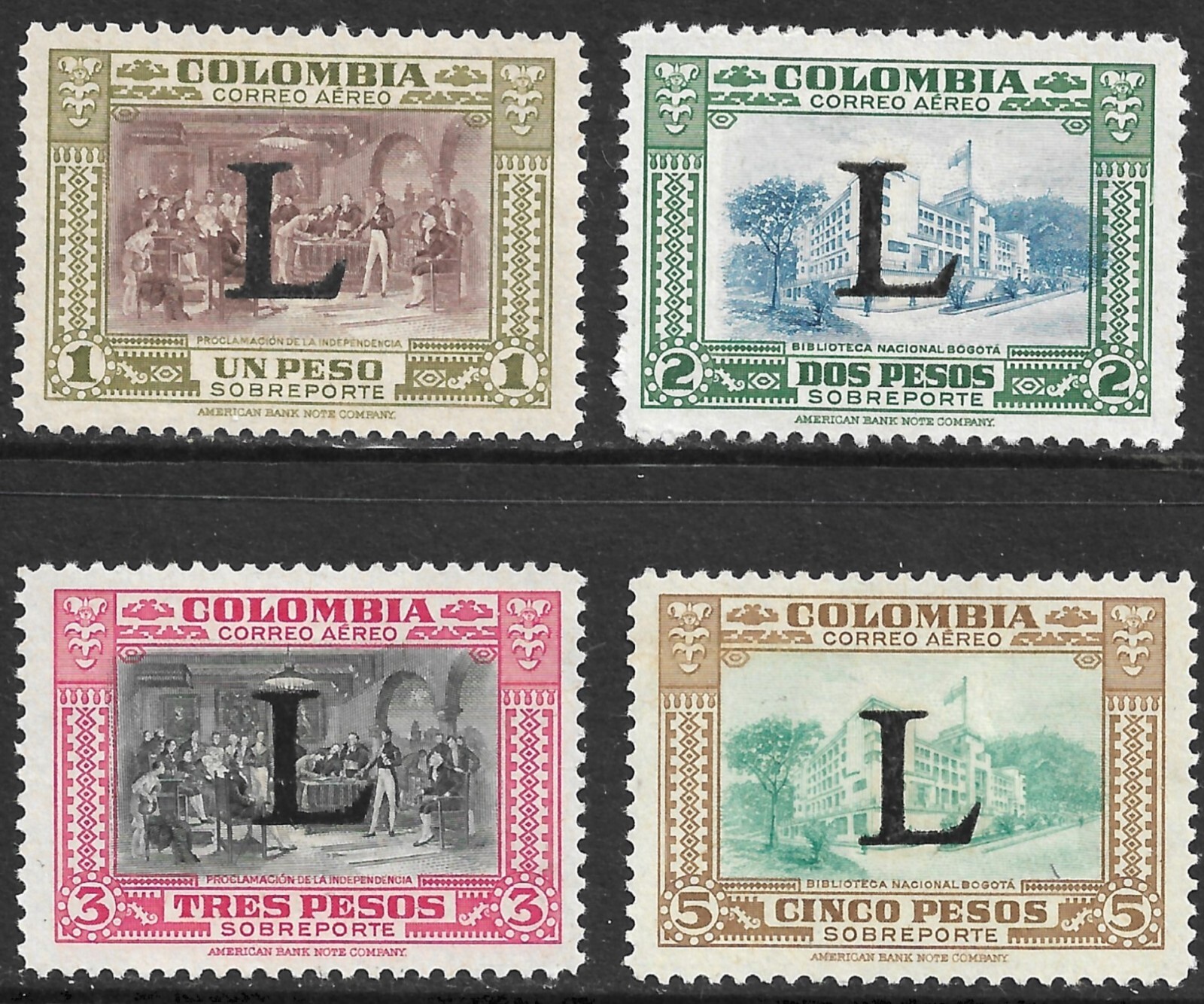 Colombia Scott C182-C185 VF Airmail Mint Hinged Issued 1950 High Values of Set