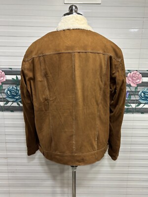 Men Sherpa Lined Real Suede Leather Jacket Brown Trucker Denim