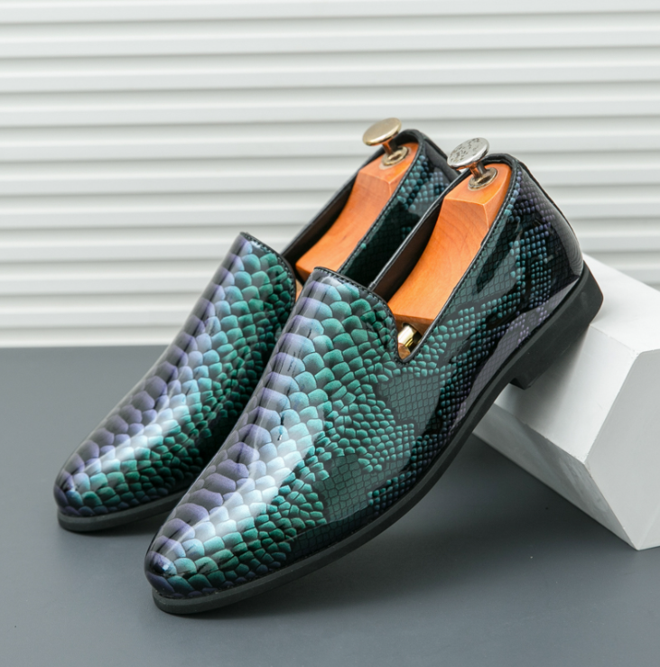 SAOLA Scarpe uomo slip on verde lucido punta modello pelle di serpente moda business nuove