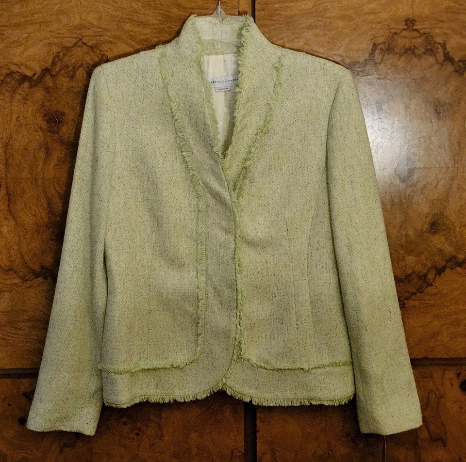 TRAJE FALDA MUJER NUEVO CON ETIQUETAS GARFIELD AND MARKS TWEED VERDE FLECOS MEZCLA SEDA ~ TALLA 6 Foto 2 de 4