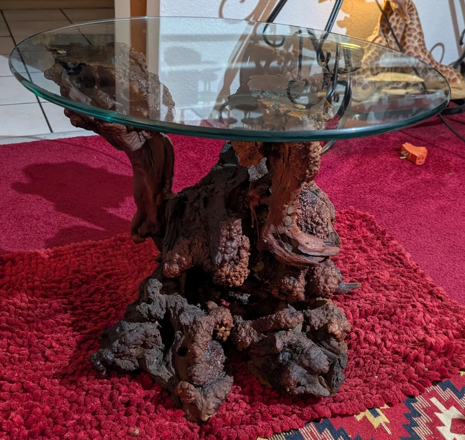 Mesa de centro natural raíz vintage con vidrio en la parte superior Foto 3 de 4