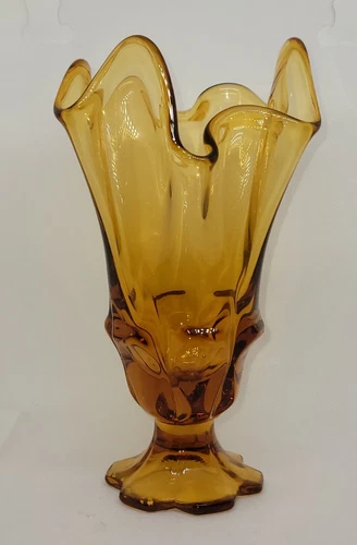 1969 Fenton Valencia Vintage Amber Yellow Glass Handkerchief Vase 7" Compote
