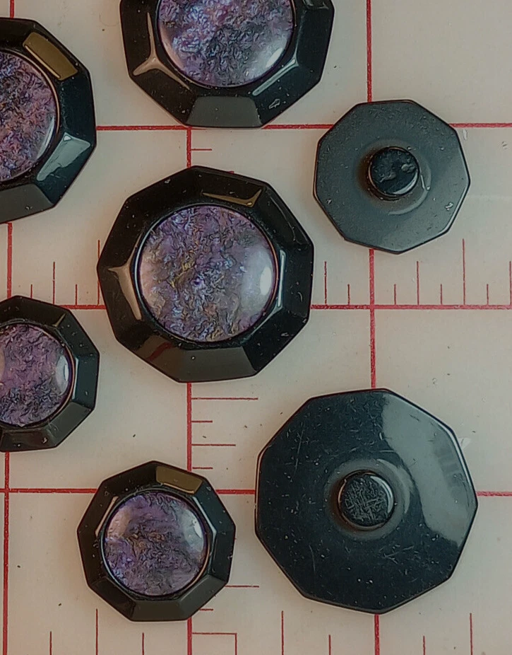 10 Multi Pearlized Purple Gold Shank Buttons Black Border 9 Sides 1-1/8" France - Image 4 of 4