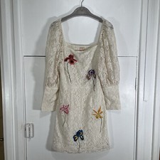Verb Pallavi Singhee Anthropologie Cream Lace Floral Dress Puff Sleeve Size S