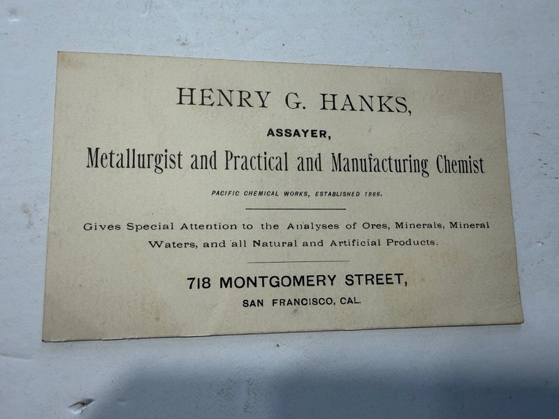 1800's card  HENRY HANKS assayer METALLURGIST CHEMIST San Francisco CA