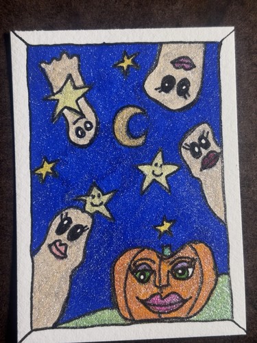 ACEO The Pumpkin And The Ghosts Original  Marker Stacy Hedrick Art 2.5 X 3.5"
