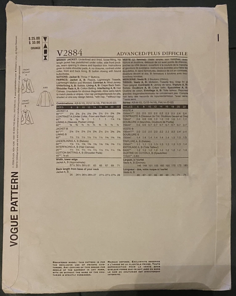 UNCUT Vintage Vogue 1950s sewing pattern V2284 oversized jacket sizes 6-8-10 - Image 2 of 2