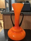 MID CENTURY MODERN ITALIAN ORANGE W/ WHITE HANDLE MURANO ART GLASS Vase 14” Tall