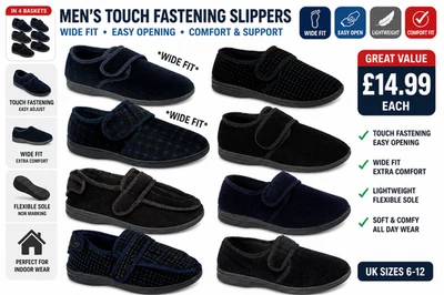 Mens Adjustable Slippers Wide Fit Touch Close House Shoes Sizes 6-12 - Image 1 of 4