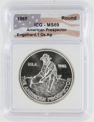 1985 Engelhard American Prospector Silver Round ICG MS69 S$1 Silver Round