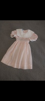 Polly Flinders Vintage Hand Smocked Pink Dress Girls Size  4 Eyelet Lace Trim 