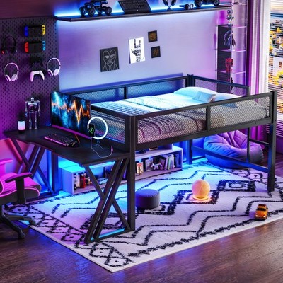 Full Loft Bed with Staircase , Desk ,Shelves & Charging Station, Metal Loft Bed