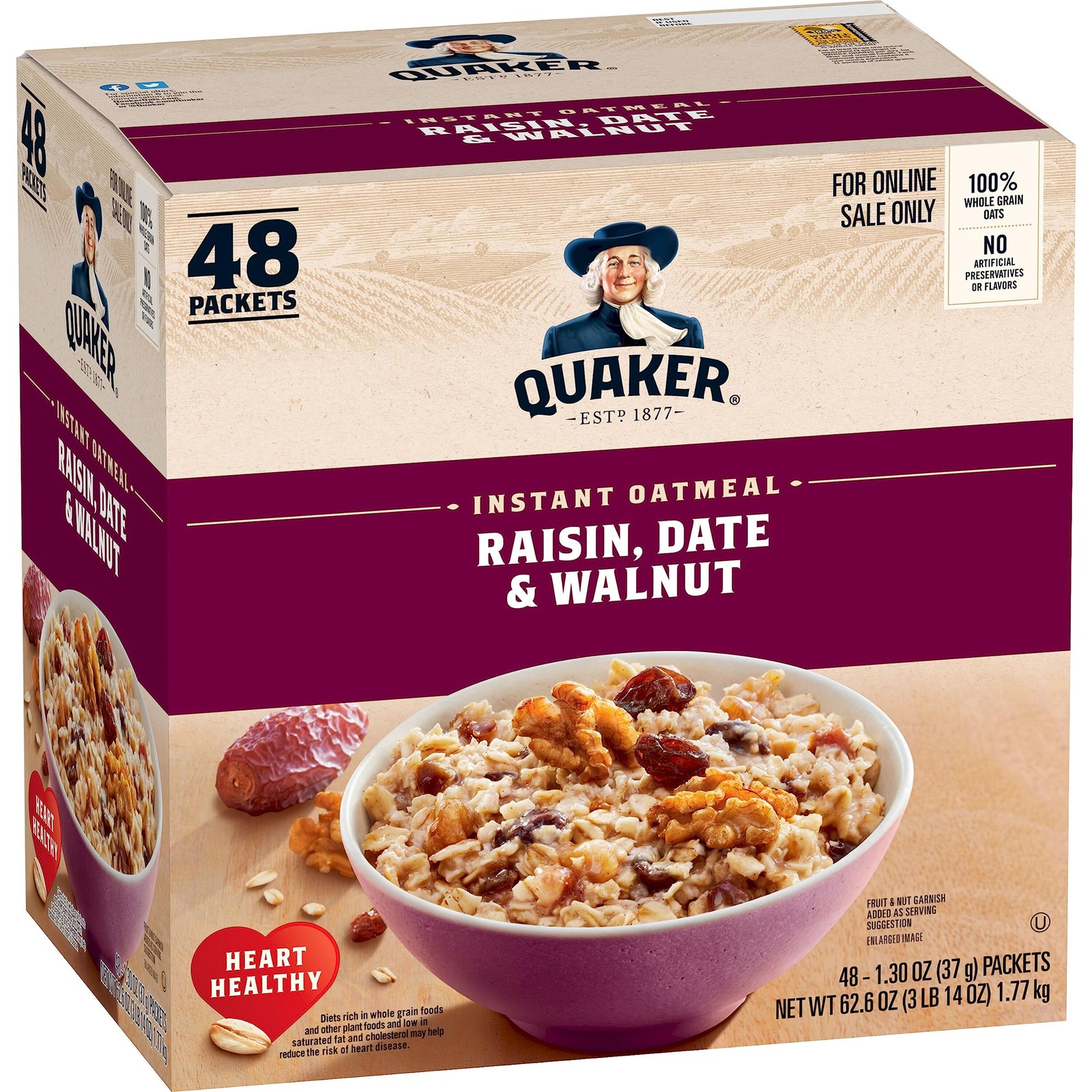Quaker Instant Oatmeal, Raisin, Date and Walnut, 1.3 Ounce (Pack of 48) 