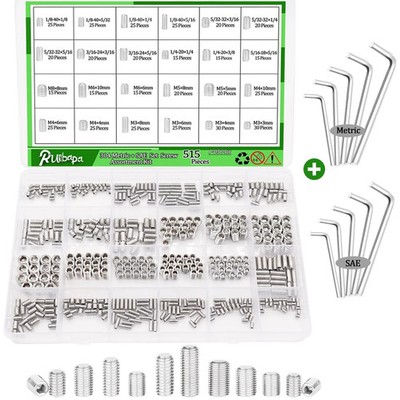 525 PCS Set Screw Assortment Kit Metric + SAE 24 Size 304 Stainless Steel Grub S