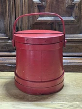 1800s Antique Wooden Primitive Red Oak Firkin Lidded Sugar Bucket 10in Tall