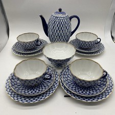 4 Trio Teapot Sm Bowl Vtg Lomonosov Imperial Porcelain Cobalt Net Lot 14 Pcs