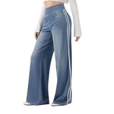 HALARA Flex High Waisted Stripe Wide Leg Jeans Pockets SMALL TALL Light Wash