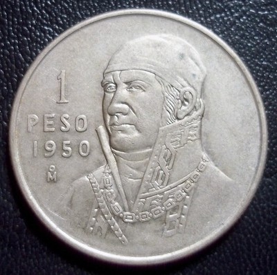 1 X 1950  - 1 PESO MEXICO - .300  SILVER - JOSE MORELOS