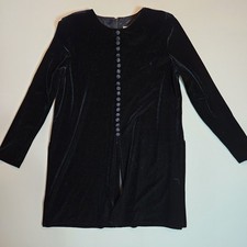 J.S. Edward Black Velvet Long Sleeve Button Front Dress Size 12 Vintage Style