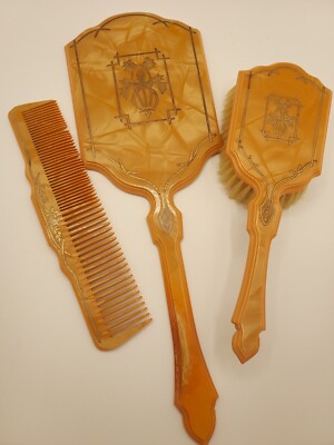 BUTTERSCOTCH BAKELITE MIRROR BRUSH COMB VANITY SET VINTAGE  display picture 1