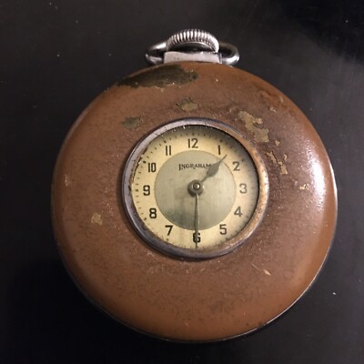 Antique Ingraham Pocket Watch ‘The E’ Tan Brown Enamel Open Face