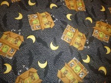 Haunted Halloween Houses on Black Cotton Fabric 44" Wide x 36 " long