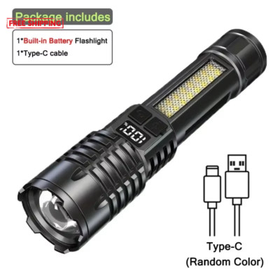 High Power LED Flashlight Powerful TYPE-C Rechargeable COB Flashlight with Side