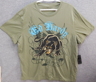 Ed Hardy Olive T-shirt Men's Black Panther Tattoo Short Sleeve Graphic Print NWT
