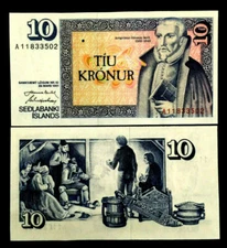 Sedlabanki Islands 10 Kronur 1961 Banknote World Paper Money UNC Currency Bill 