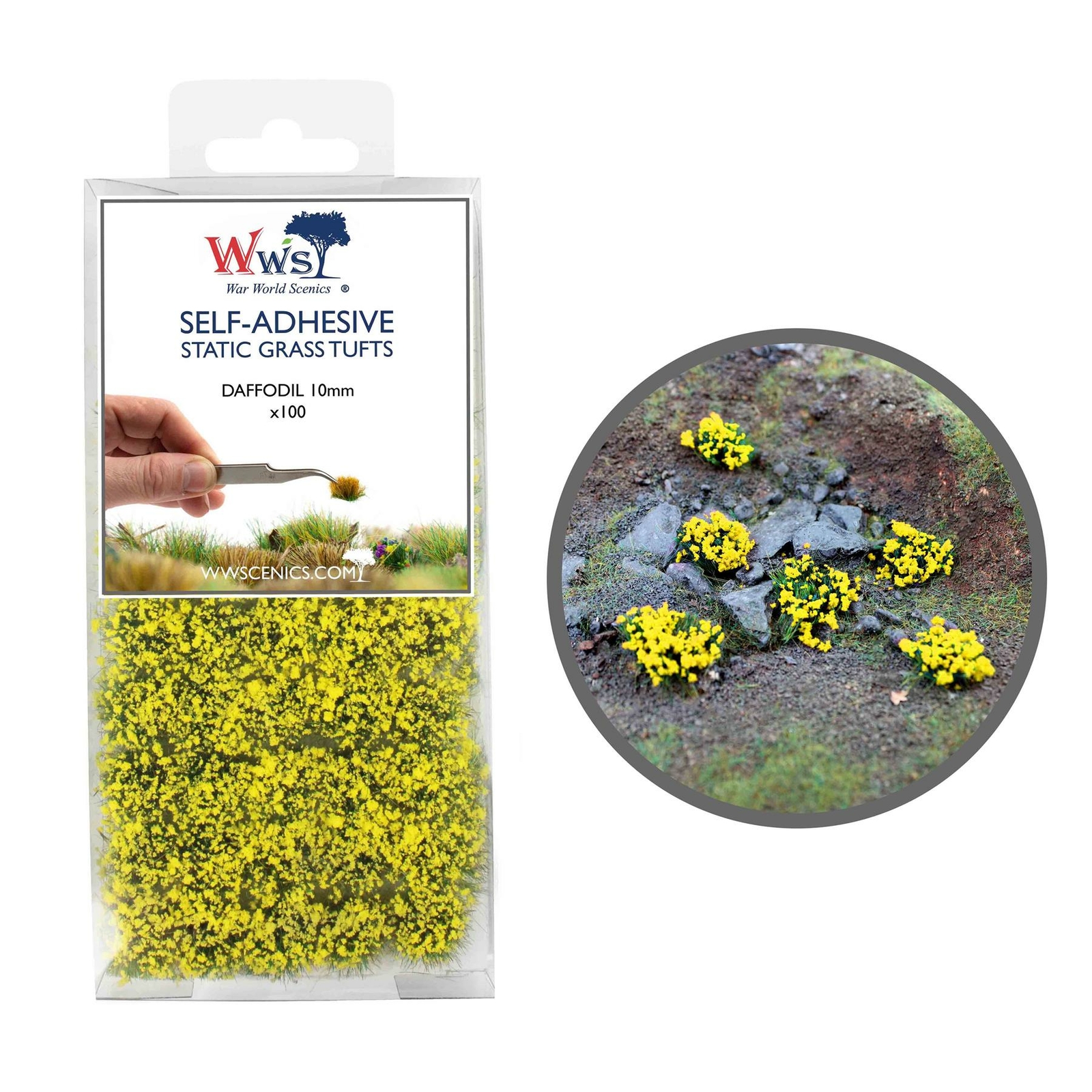 WWS Static Grass Tufts x 100 – Daffodil, 10mm – Model Railway Wargame Scenery