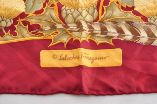 Ferragamo Scarf Silk Red x Multicolor Flower Bird Size 39.4 x 41.3 Authentic - Picture 8 of 12