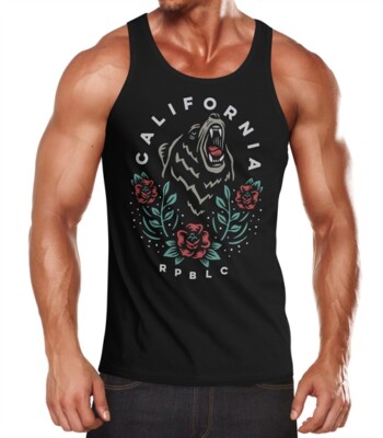 Herren Tank-Top Califonia Kalifornien Bär Blumen Blüten  Muskelshirt Muscle