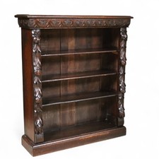 Antique Victorian Carved Oak Open Bookcase - Green Man Carvings - c.1890