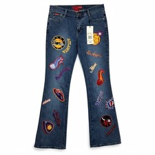 Image of LE MORE Vintage 90's Size 9 Embroidered NBA Patch Flare Jeans Retro Y2K Style