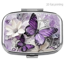 Purple Butterfly Metal Pill/ Trinket Box 2 Compartments Tablets Medication