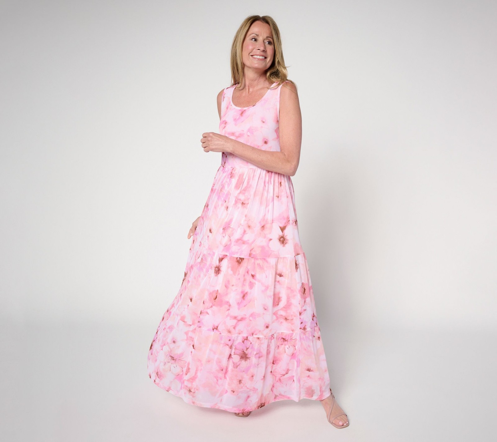 Susan Graver Women's Plus Sz Dress 1X Printed Mesh Tiered Sleeveless Pink