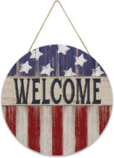 Smile Patriotic American Flag Welcome Wooden round Door Hanger, 4Th of July Fron