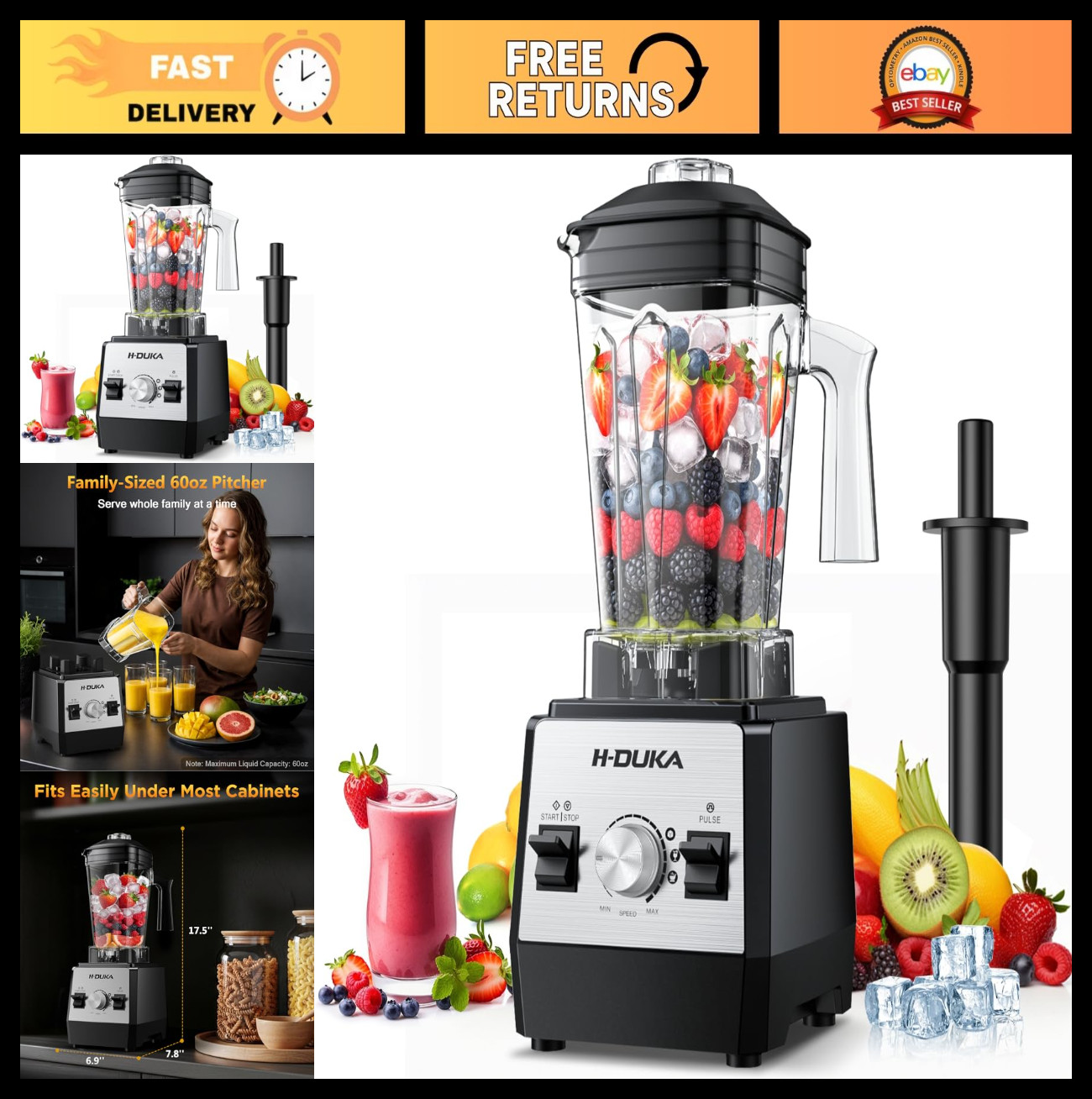 H-Duka Blender for Smoothies 64 Oz BPA-Free Ice Crushing Kit