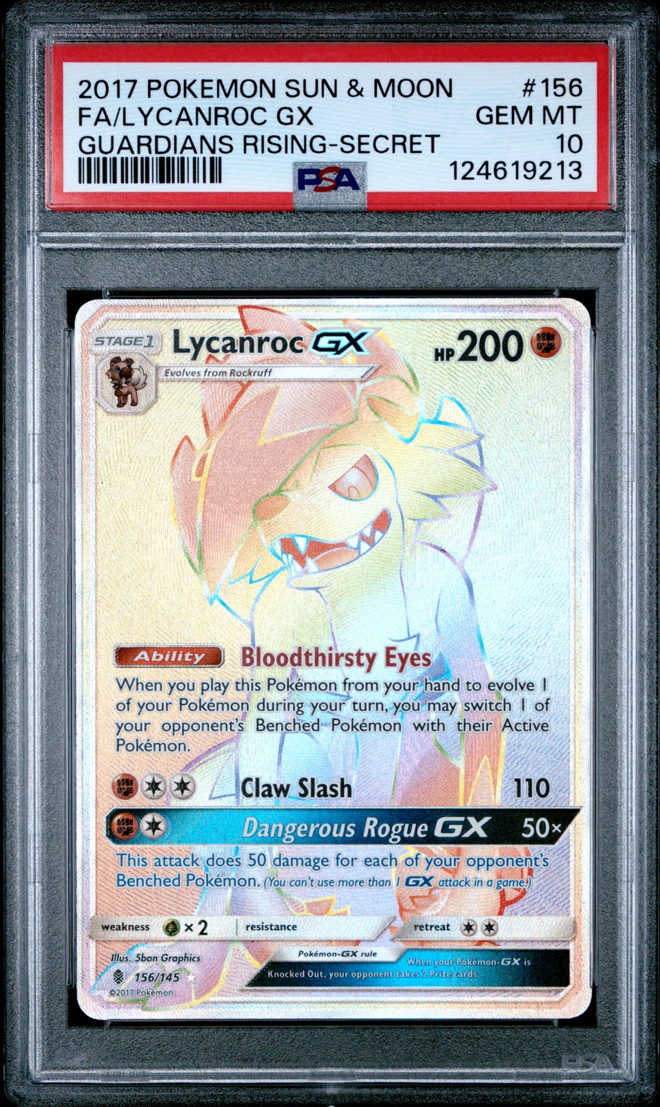 2017 POKEMON SUN & MOON GUARDIANS RISING SECRET #156 FULL ART/LYCANROC GX PSA 10