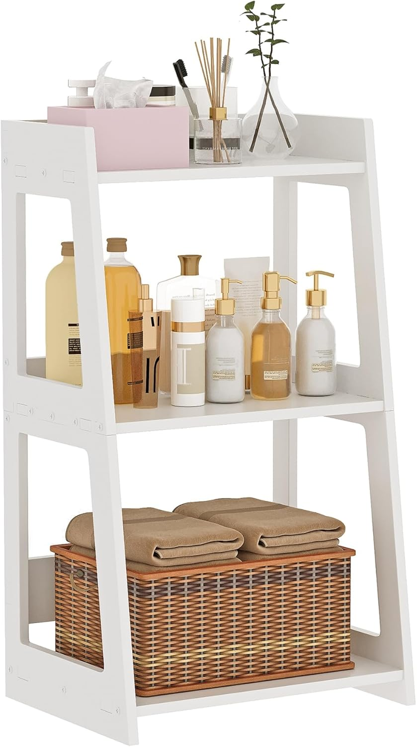 3-Tier Bathroom Ladder Shelf Freestanding, White Floor Shelves Open Shelving Uni