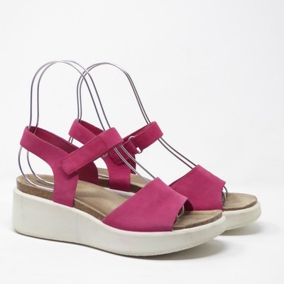 ECCO Women Flowt Wedge Sandals Pink Wedge Platform Leather Strappy 39 / 8-8.5