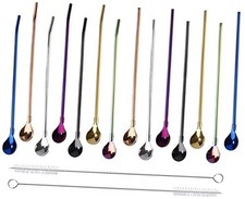 14Pcs Stainless Steel 2 in 1 Reusable Straws and Spoons with 2 7 Color