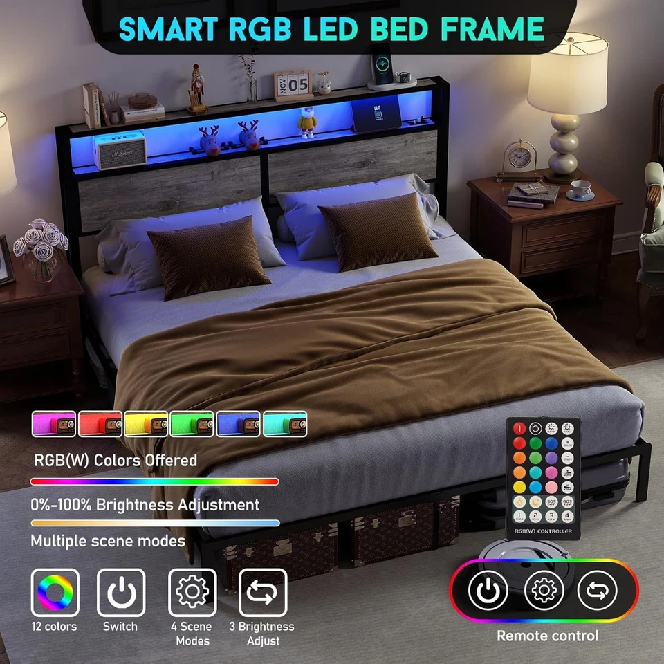 King Size Bed Frame with Charging Storage Headboard, Metal Platform Rustic Grey - Image 4 of 4