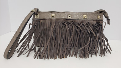 J Lo By Jennifer Lopez Gray Satchel Fringe Purse Zipper Pockets Gold Accents