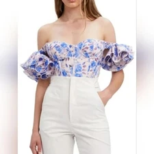 Bardot Off The Shoulder Floral Ruffle Sleeve Sweetheart Corset Top Size Large