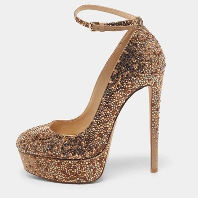 Escarpins à bride cheville ornés de cristal en daim doré Jimmy Choo taille 37 - Photo 1/4