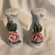 Vintage Porcelain Salt Pepper Shakers. 3D Roses Made In Japan 3 In.